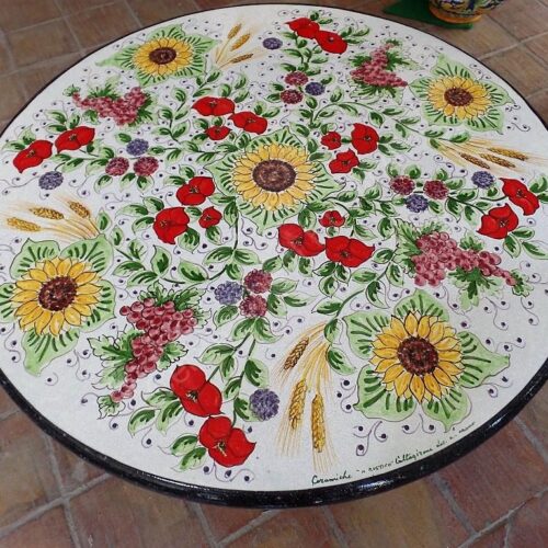 Tavolo in Pietra Lavica tondo Fiori e Girasoli