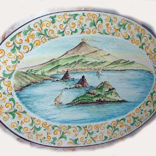 Tavolo in Pietra Lavica ovale "Ornato" con Paesaggio