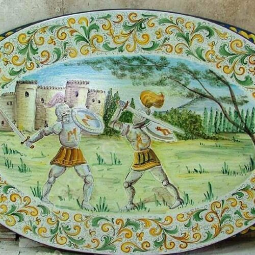 Tavolo in Pietra Lavica ovale "Ornato" con Scena Medioevo