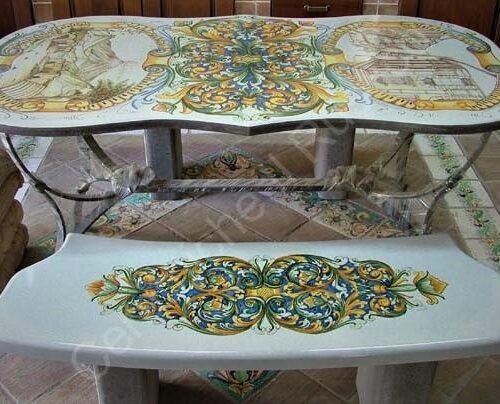 Tavolo in Pietra Lavica ovale "Ornato" con Paesaggi